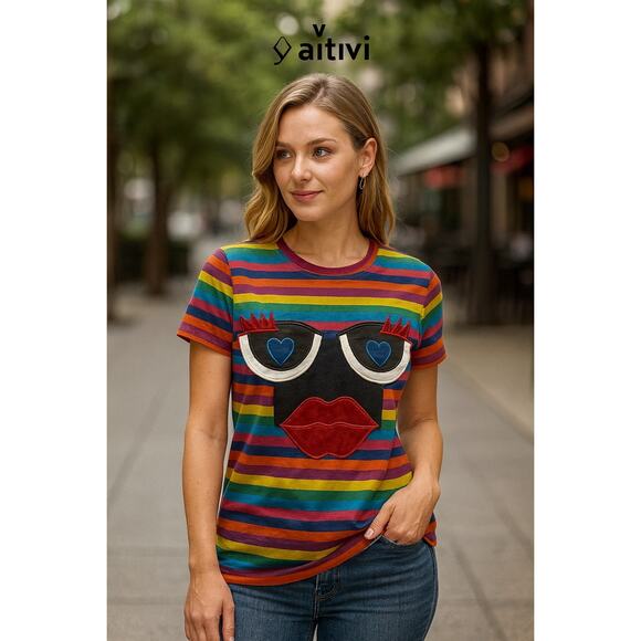 Yativi Rainbow Striped Shirt w/ Face Sz. S - Picture 2 of 5